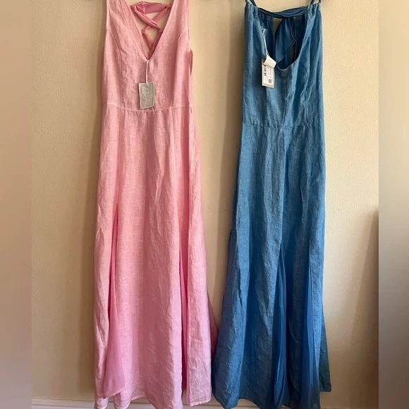 NWT $538 120% Lino Italy design Blue Harbor Sleeveless Maxi Dress Size 40 Bow - Picture 13 of 14